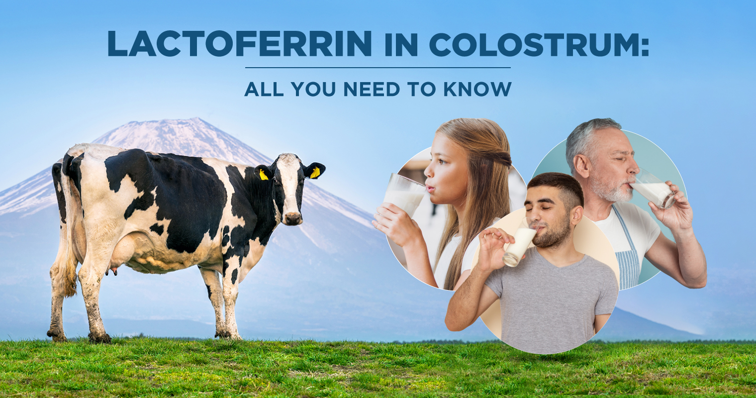 Various individuals drinking milk with focus on 'Lactoferrin in Colostrum'